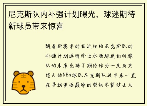 尼克斯队内补强计划曝光，球迷期待新球员带来惊喜
