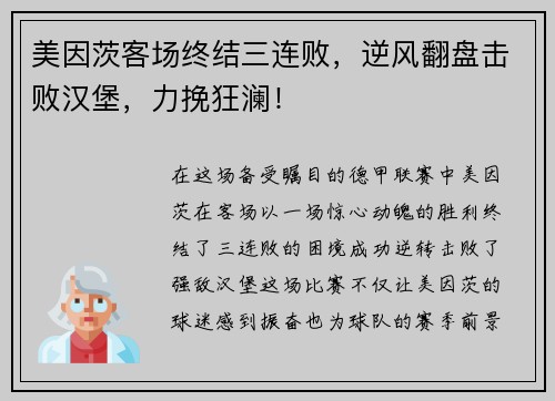 美因茨客场终结三连败，逆风翻盘击败汉堡，力挽狂澜！