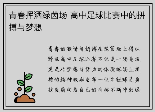 青春挥洒绿茵场 高中足球比赛中的拼搏与梦想