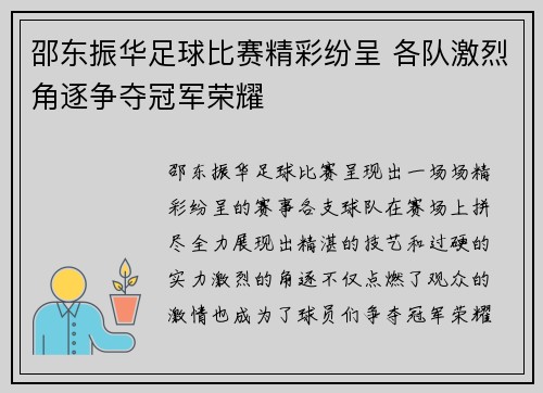 邵东振华足球比赛精彩纷呈 各队激烈角逐争夺冠军荣耀