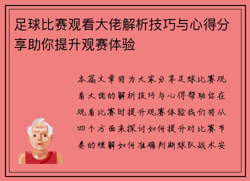 足球比赛观看大佬解析技巧与心得分享助你提升观赛体验