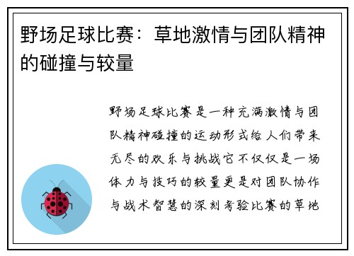 野场足球比赛：草地激情与团队精神的碰撞与较量