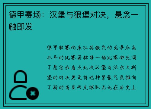 德甲赛场：汉堡与狼堡对决，悬念一触即发