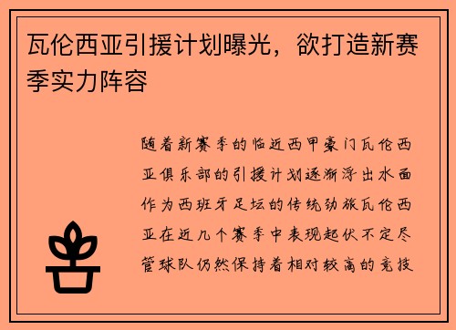 瓦伦西亚引援计划曝光，欲打造新赛季实力阵容