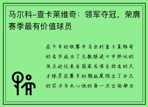 马尔科-查卡莱维奇：领军夺冠，荣膺赛季最有价值球员