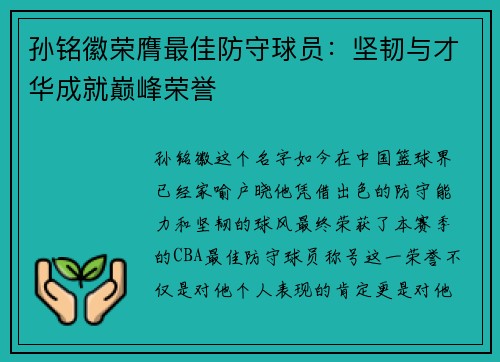 孙铭徽荣膺最佳防守球员：坚韧与才华成就巅峰荣誉