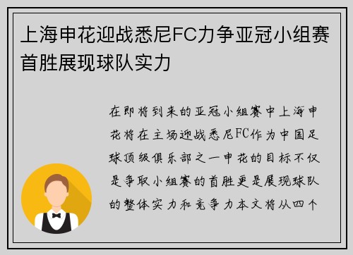 上海申花迎战悉尼FC力争亚冠小组赛首胜展现球队实力