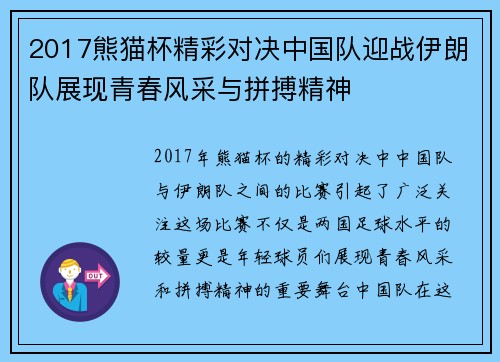 2017熊猫杯精彩对决中国队迎战伊朗队展现青春风采与拼搏精神