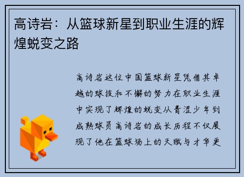 高诗岩：从篮球新星到职业生涯的辉煌蜕变之路