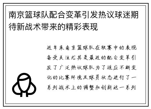 南京篮球队配合变革引发热议球迷期待新战术带来的精彩表现