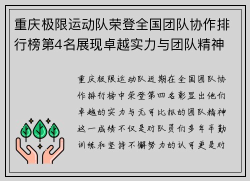 重庆极限运动队荣登全国团队协作排行榜第4名展现卓越实力与团队精神