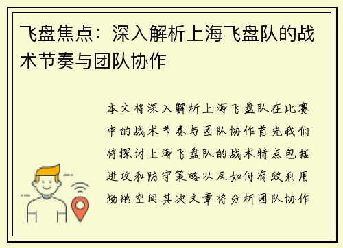 飞盘焦点：深入解析上海飞盘队的战术节奏与团队协作